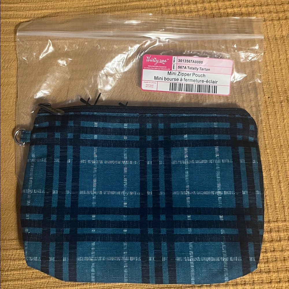 Thirty-One Blue Tartan Mini Zipper Pouch